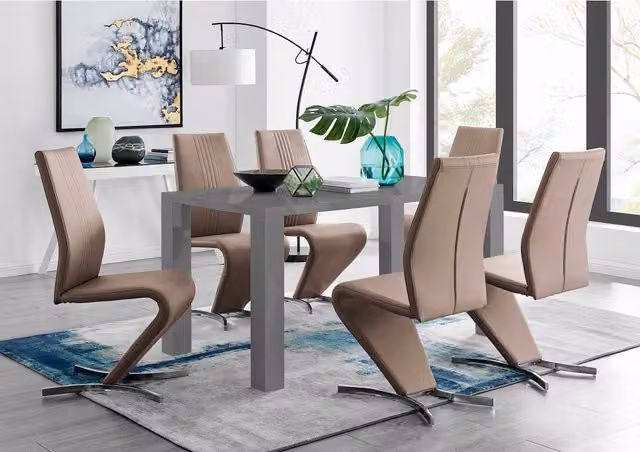 FurnitureboxUK Pivero Grey High Gloss Rectangular Dining Table and 6 Willow Chairs in Cappuccino