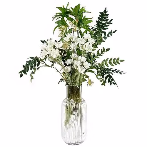 Leaf Design White Artificial Floral Display with Glass Vase
