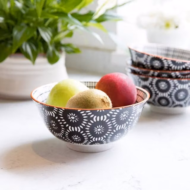 KitchenCraft Swirl 4-Piece Geometric Black Ceramic Stoneware Bowl Set