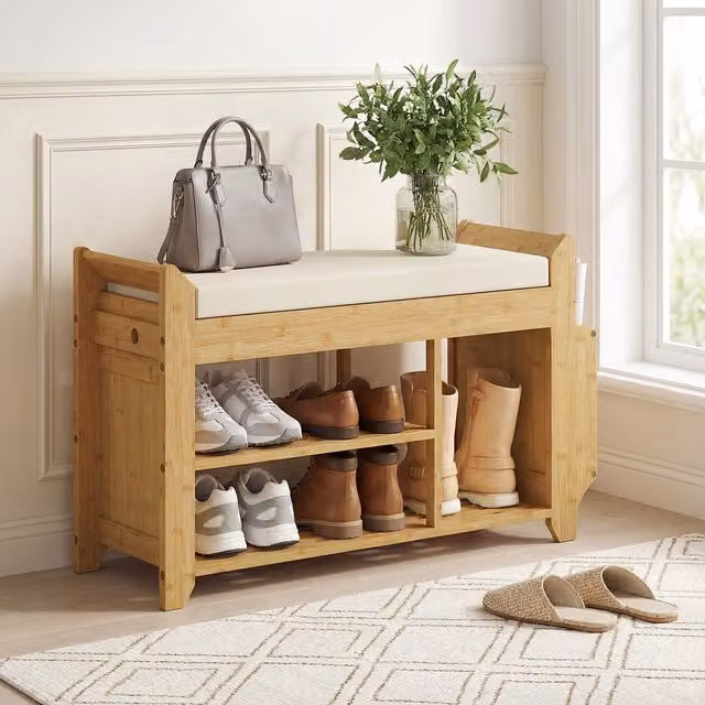 HOMCOM Scandinavian Bamboo Shoe Bench with Cushioned Fabric Seat in Brown and Beige, Width: 80 cm