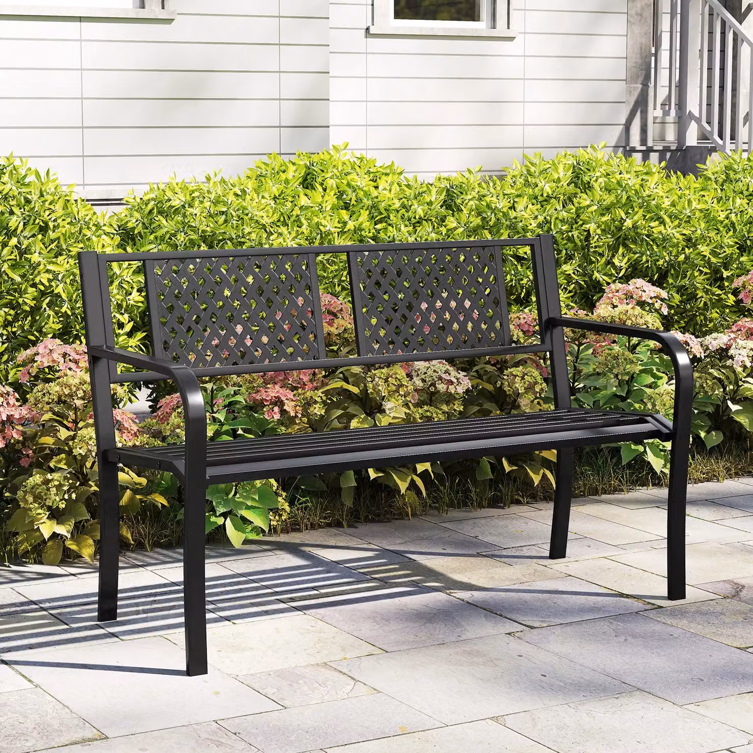 Costway Modern Geometric Garden Bench for 2-3 Persons in Matt Black Metal – 4