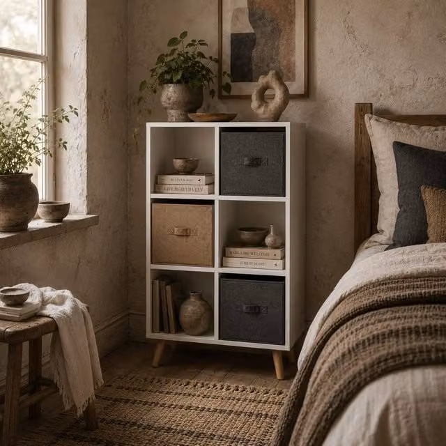 Wyld Haus Nadiro 6 Cube White Storage Unit with 3 Fabric Drawers, W/D/H: 95.0 x 54.5 x 24.0 cm – 1