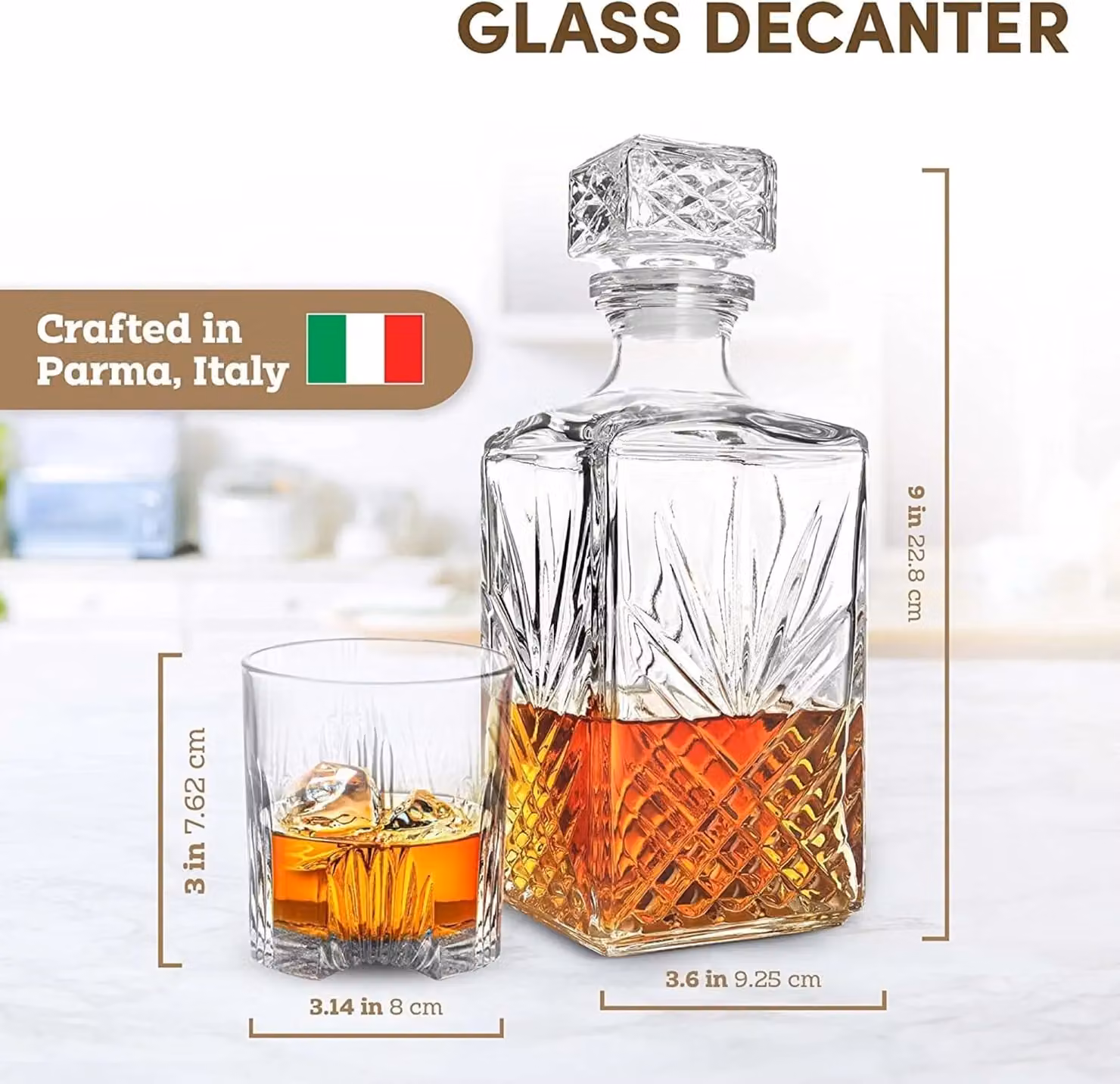 Bormioli Rocco Cut Glass Square Whisky Decanter with Lid, 1 l, Transparent – 3