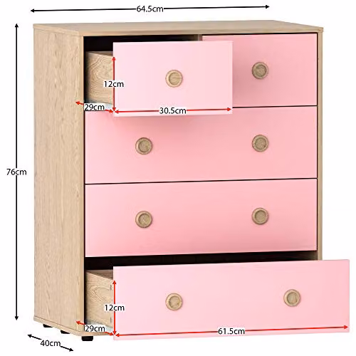 Junior Vida Neptune Set of 2 5-Drawer Chests for Childrens Bedrooms in Pink and Oak – 2