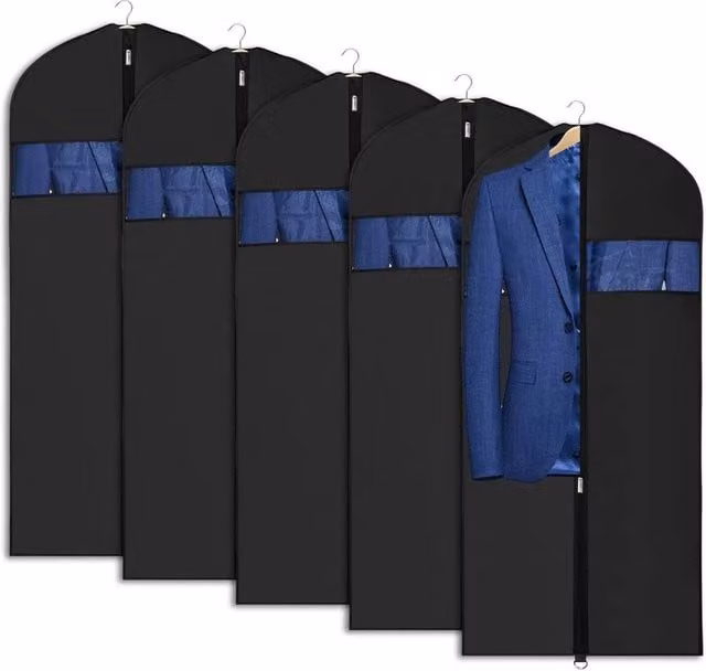 Ventryn 5-Piece Breathable Hanging Garment Storage Bag Set, Dustproof, Black, Height: 152.4 cm