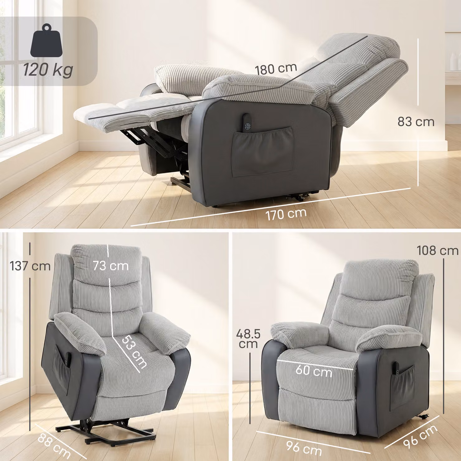 HOMCOM Power Lift Recliner Chair for Seniors in Light Grey Corduroy with USB Port and Side Pockets – 3