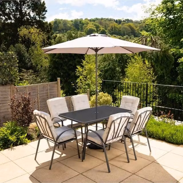 Hectare 6 Seater Grey Stone and Glass Garden Dining Set with Rectangular Table and Powder Coated Steel Chairs