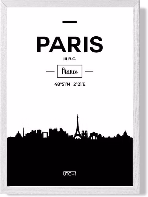 ARTZE Paris Black and White City Skyline Framed Paper Poster with White Frame, A2