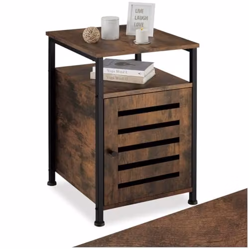 tectake Industrial Bedside Table with Cupboard and Open Shelf, Brown, W/D/H: 40.5 x 40.5 x 60.5 cm – 1