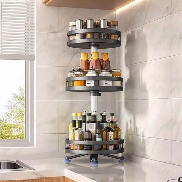 VOGREX 3-Tier 360 Degree Rotating Metal Spice Rack and Seasoning Organiser in Black – 1