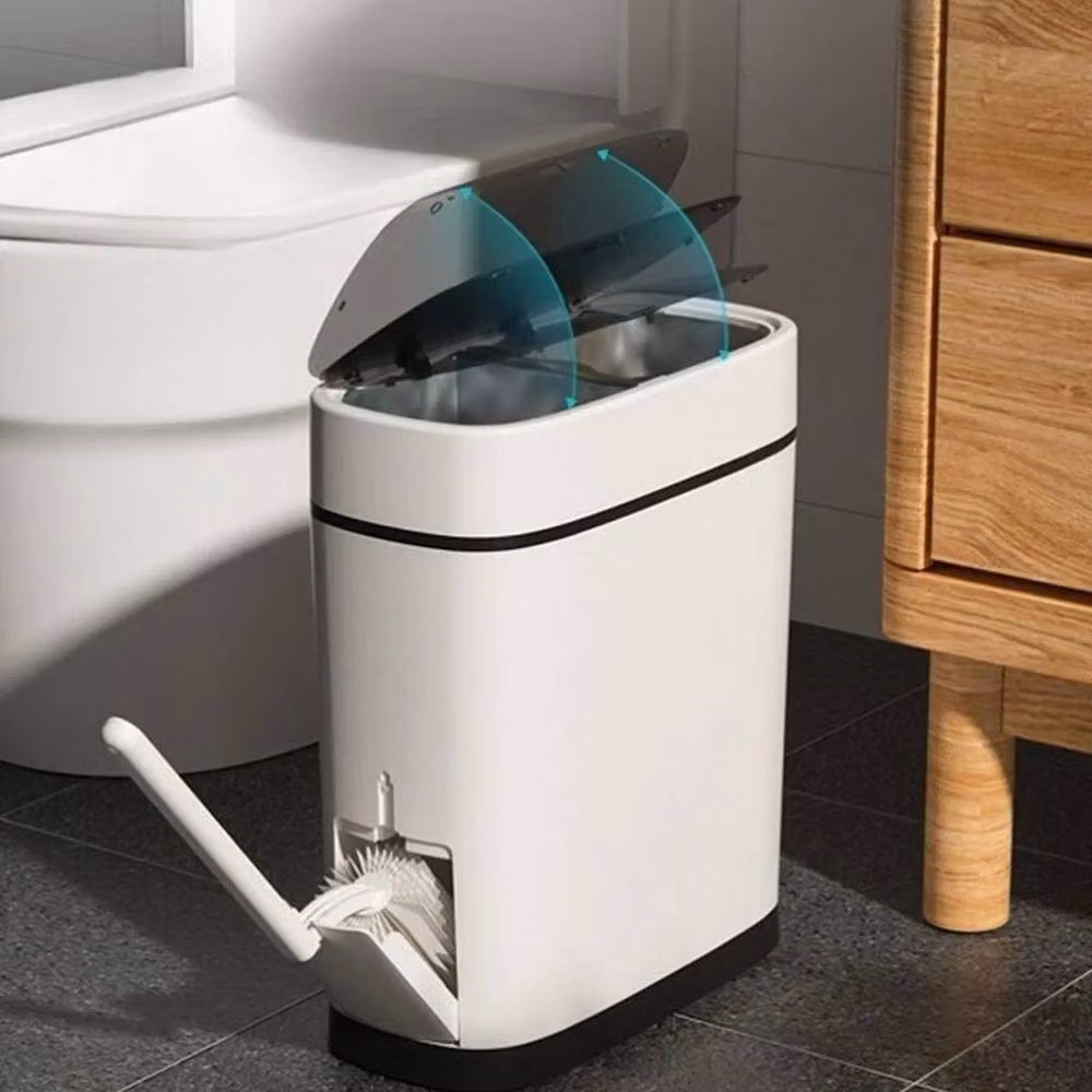 KORVIXA White Narrow Freestanding Plastic Bathroom Gap Trash Can with Brush and Cover – 4