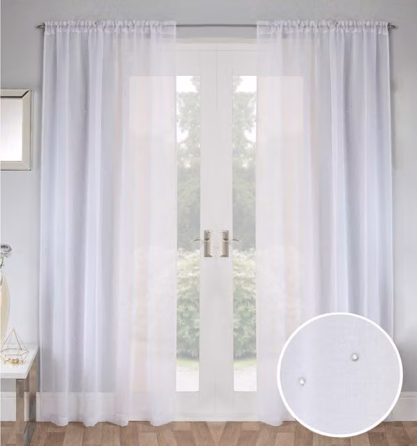 Tyrone Textiles Pair of White Sheer Voile Slot Top Panels with Diamante Detail, Height: 229 cm