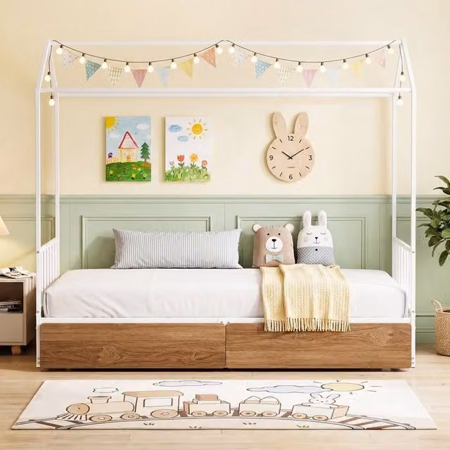 KORVIXA Single Size House Shaped Metal Bed Frame with Drawers in White