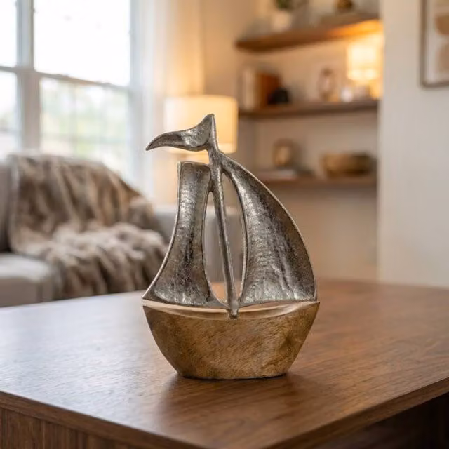 Garden Greatness Rustic Sailing Boat Tabletop Ornament in Multicolour and Silver