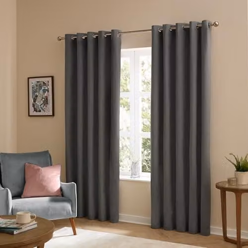 Riva Home Grey Anthracite Velvet Blackout Eyelet Curtains, W: 117 cm, H: 137 cm – 1