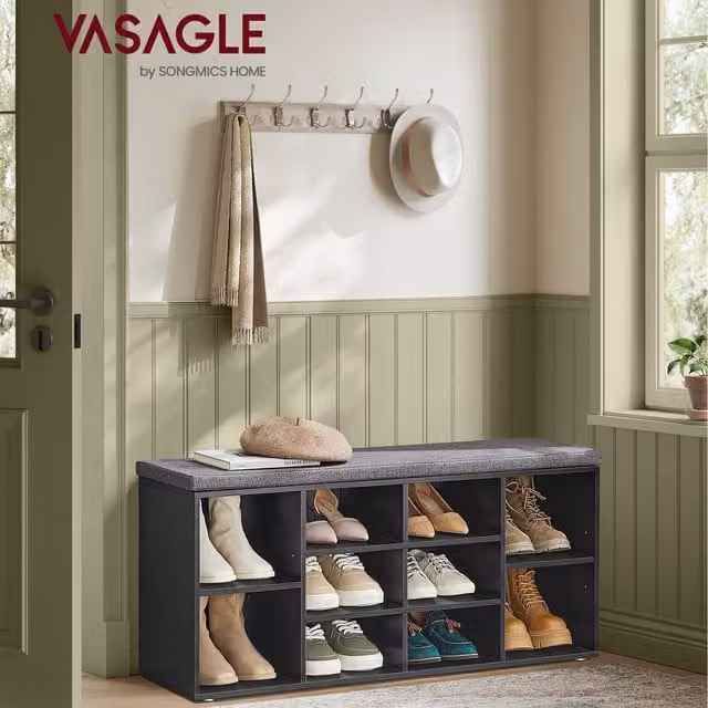 VASAGLE Industrial Shoe Bench with Fabric Cushion and Storage Compartments in Black and Oak, W/D/H: 104 x 30 x 48 cm