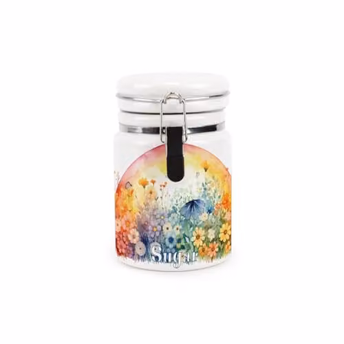 Purely Home Rainbow Flowers Ceramic Sugar Canister with Clip Lid, Multicolour Floral Design, 400ml, H: 13.5 cm, W: 8.5 cm