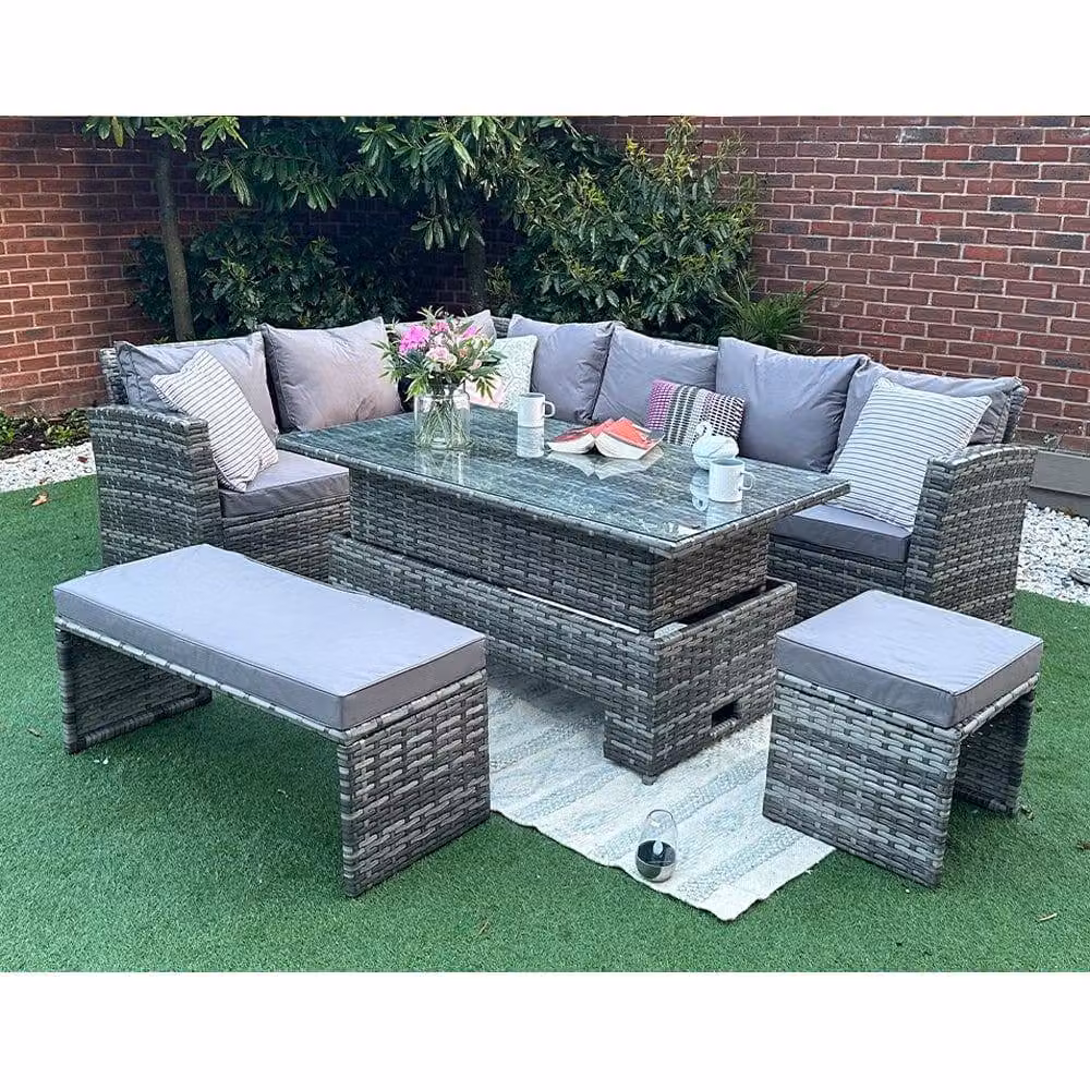 Rosen Rattan Maxi 9 Seater Corner Sofa Garden Furniture Set with Rising Table, Benches and Rain Cover in Grey – 2
