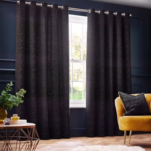 Paoletti Galaxy Black and Gold Velvet Chenille Eyelet Curtain Pair, W: 229 cm, Drop: 137 cm