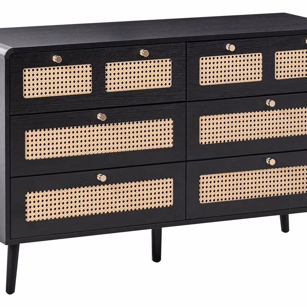 Wyld and Coco Boho Black MDF Six Drawer Chest of Drawers with Rattan Fronts – 2