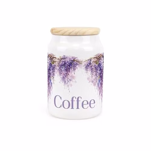 Purely Home Purple Wisteria Floral Ceramic Coffee Canister with Wooden Lid, 0.6 l, W: 14.5 cm, D: 9.5 cm