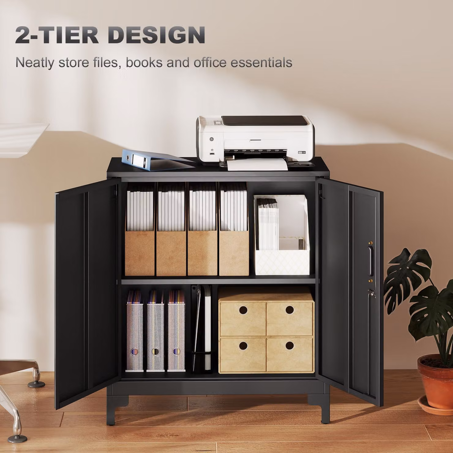 HOMCOM Lockable Metal Filing Cabinet with Hinged Double Doors and Internal Shelves, Black – 4
