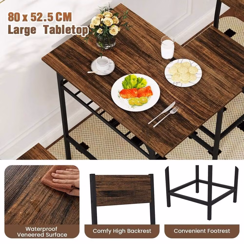 KORVIXA 3-Piece Industrial Wood and Metal Rectangular Dining Table and Chair Set in Brown, Width: 100 cm – 3