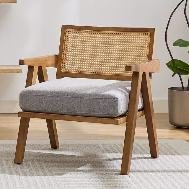 London Boutique Mid-Century Rattan Accent Armchair with Grey Fabric Upholstery