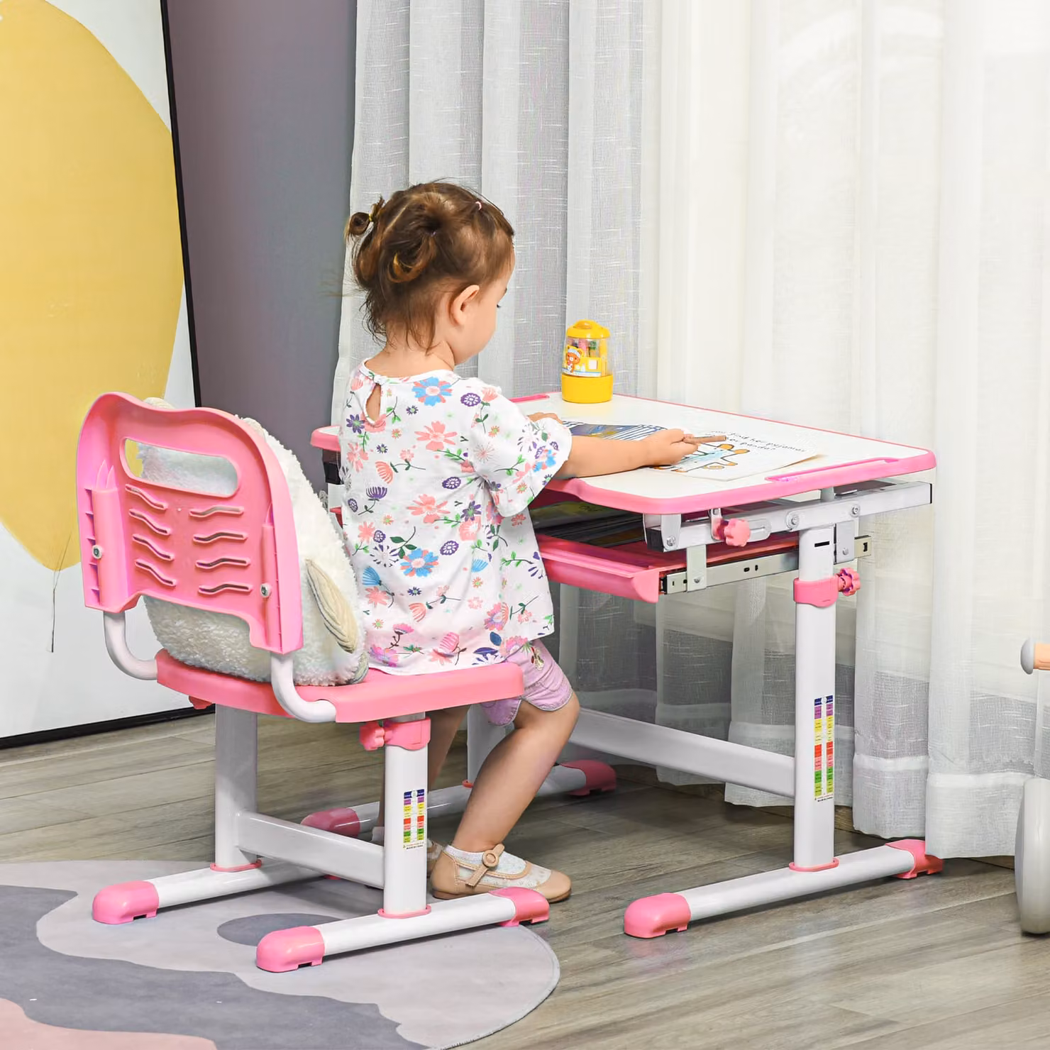 HOMCOM Height Adjustable Kids Desk and Chair Set with Tilting Top, Pink – 2