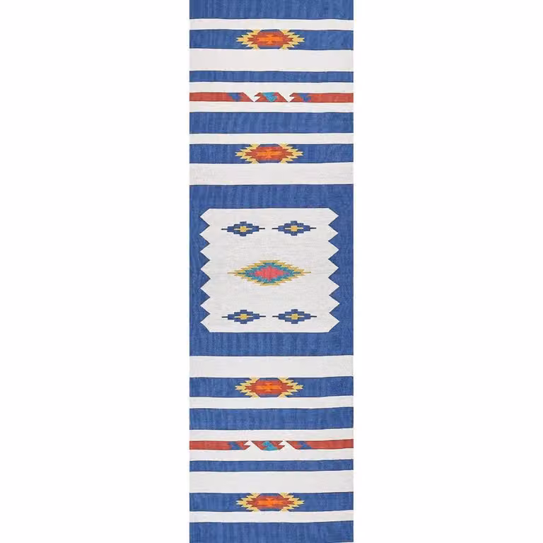 Wyld and Coco Kilim Handwoven Cotton Runner in Blue, White and Red, W/D/H: 80 x 300 cm