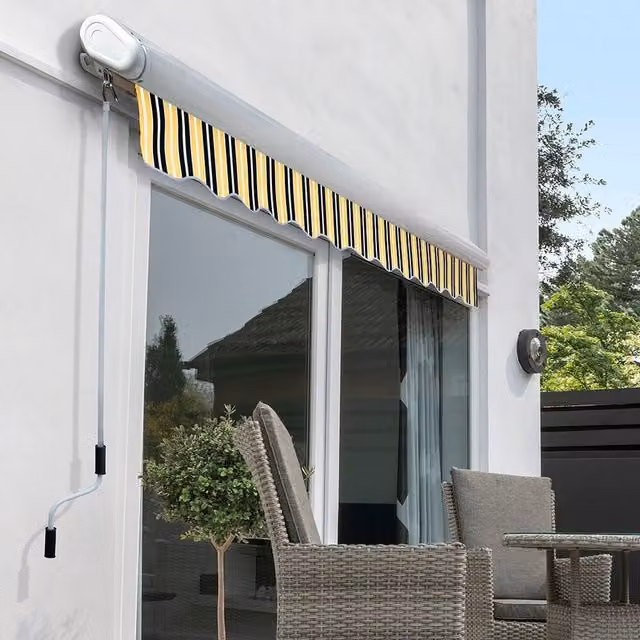 Primrose Full Cassette Electric Patio Awning with 5m Canopy in Yellow and Grey Stripe
