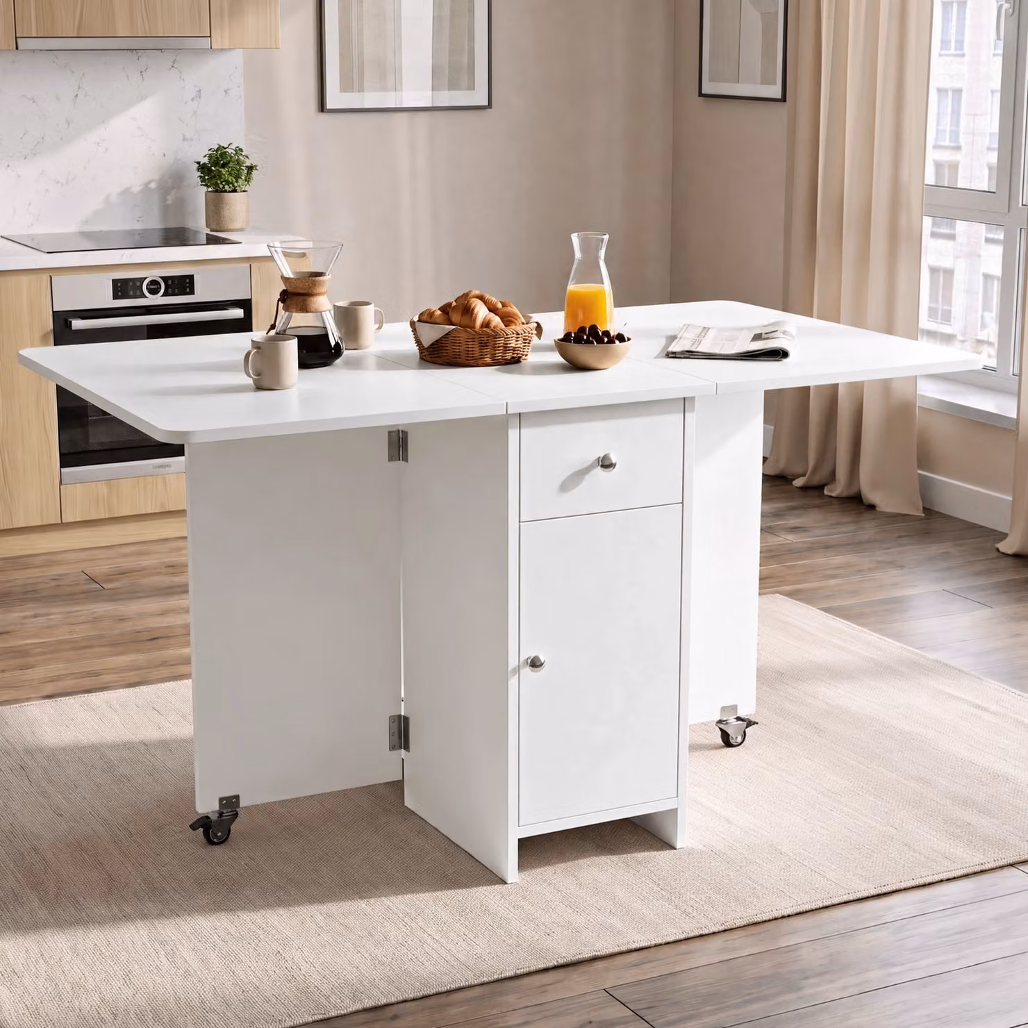 DHS White Space Saving Drop Leaf Dining Table with Storage and Castors, W/D/H: 120 x 65 x 75 cm
