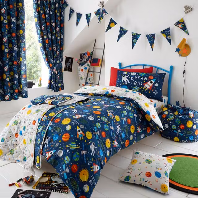 Happy Linen Company Space Explorer Kids Reversible Duvet Cover and Pillowcase Set, Blue, Duvet Cover: 140 x 200 cm, Pillowcase: 50 x 75 cm