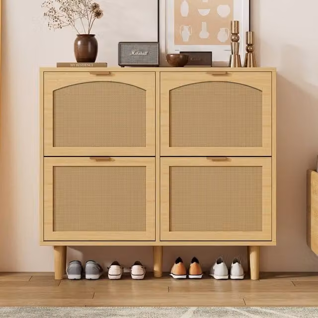 Matteo Farmhouse Rattan Shoe Storage Cabinet in Brown and Beige, W/D/H: 100 x 25 x 90.3 cm