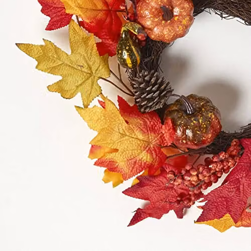 HOMESCAPES Autumn Wreath in Orange, Yellow and Green with Wheat and Leaves, Width: 40 cm – 2