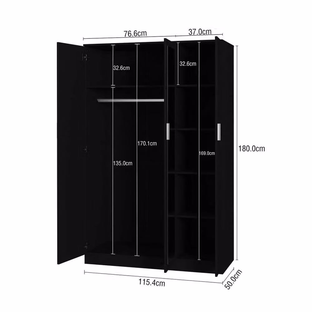 FORGEVIO Modern 3 Door Wardrobe in Black and Silver with Hanging Rail and Trouser Rack, H 180 cm x W 115.4 cm x D 50 cm – 2