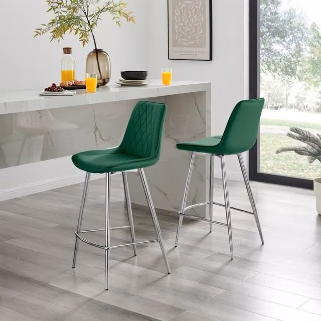 FurnitureboxUK Pesaro Set of 2 Green Velvet Counter Stools with Silver Metal Legs