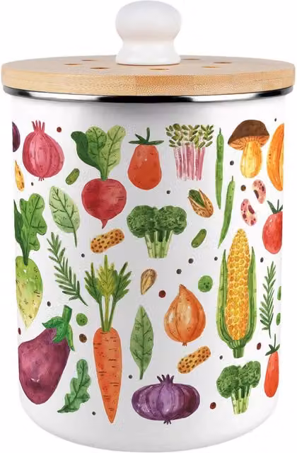 Purely Home Watercolour Vegetables Metal Kitchen Compost Bin with Flip Lid, Green, 2 l