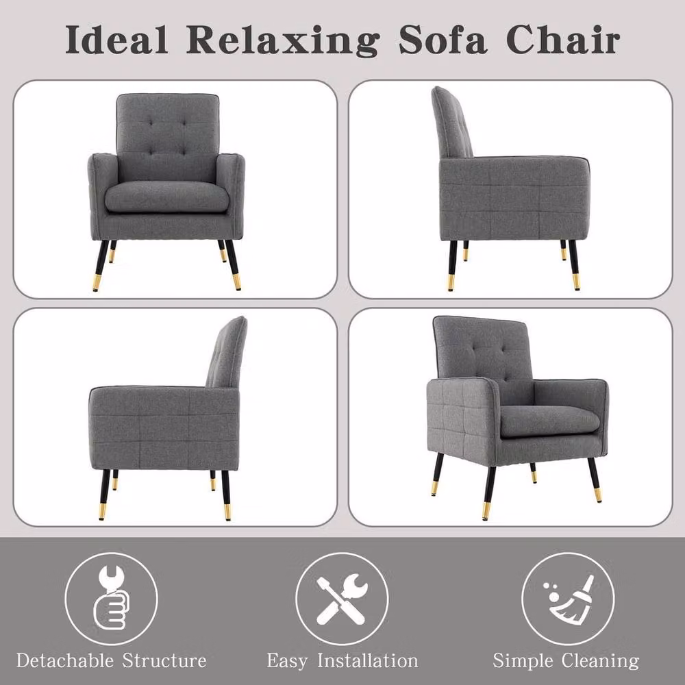 Kelvenix Modern Upholstered Accent Armchair in Grey Linen Fabric with Metal Frame – 3