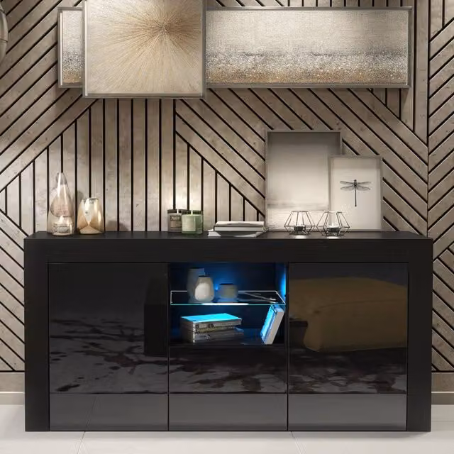 Creative Furniture Aurora Modern Black Gloss Sideboard with Integrated LED Lighting, W: 145 cm, H: 70 cm, D: 35 cm – 1
