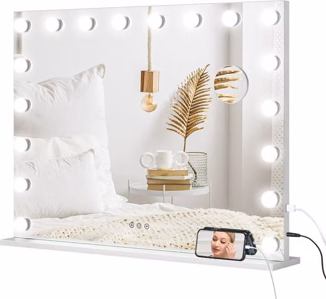 HOMCOM Hollywood Tabletop Vanity Mirror with Dimmable LED Lights and USB Port, White