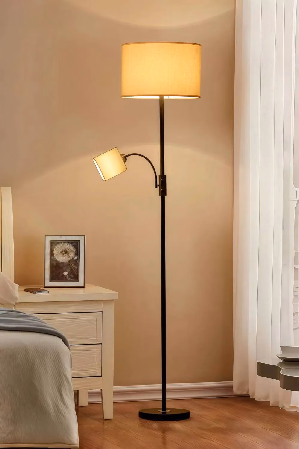Living and Home 2 Light Adjustable Floor Lamp in Black and Multicolour with Fabric Shades – 2