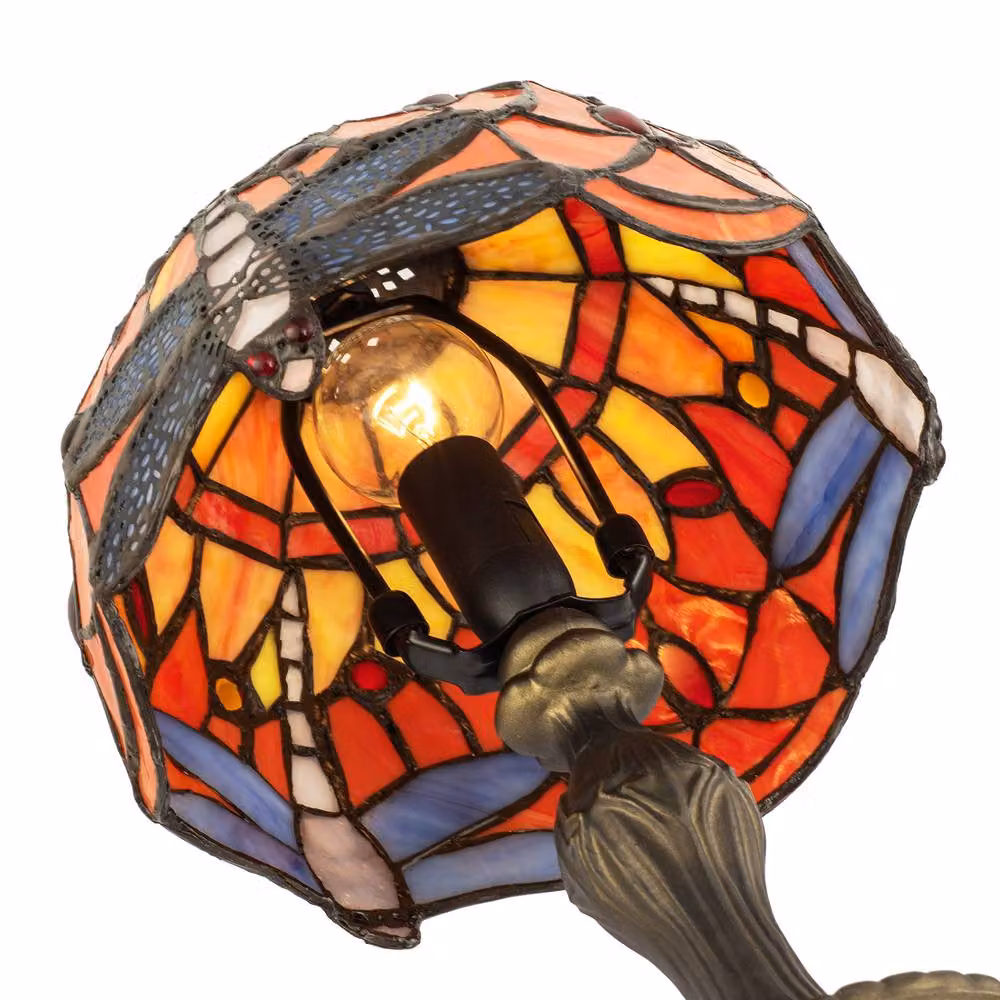 Happy Homewares Traditional Handmade Stained Glass Dragonfly Tiffany Table Lamp in Orange and Multicolour – 3