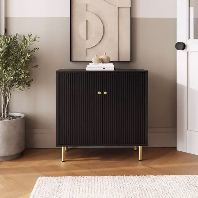 GFW Garrucha Modern Matt Black Utility Shoe Cabinet with Hinged Doors and Internal Shelves