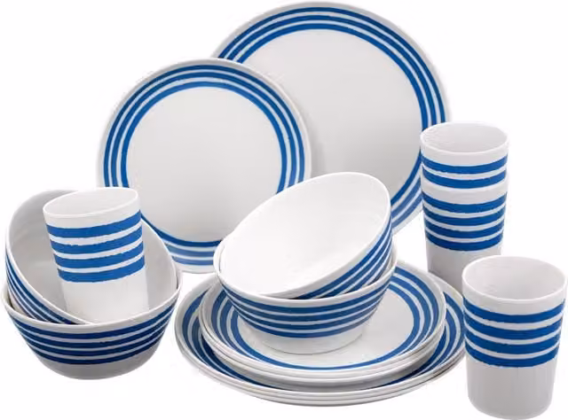 GEEZY 16 Piece Melamine Dinner Service Set in White and Blue