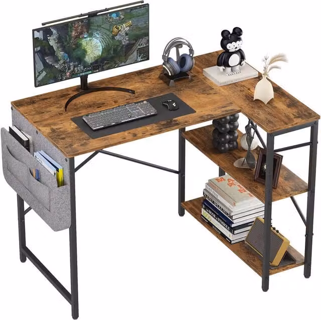 Huhote Modern L Shaped Corner Desk in Brown with Storage Bag and 2 Shelves