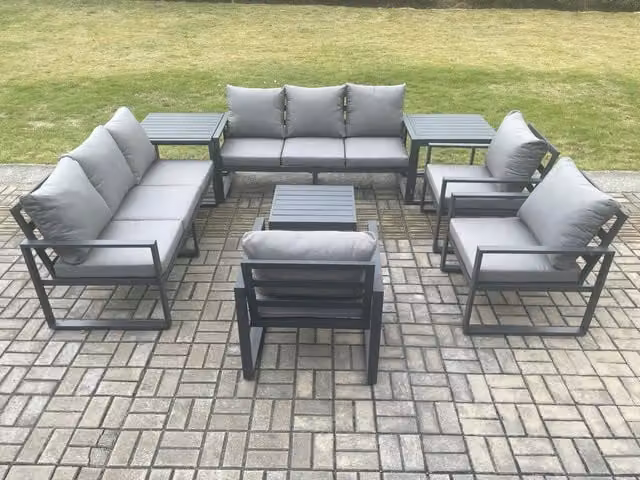 Fimous Modern Aluminium Outdoor Garden Furniture Set in Dark Grey with 3-Seater Sofa, 3 Armchairs, Square Coffee Table and 2 Side Tables