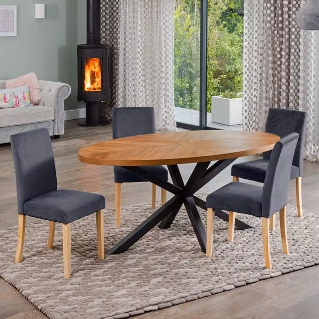 Artemis Home Dosenna Oval Dining Table Set with 4 Grey Maiolo Velvet Chairs