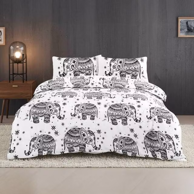 Snug City Elephant Print Boho Duvet Set and Pillowcases in White, Super King, 200 x 200 cm