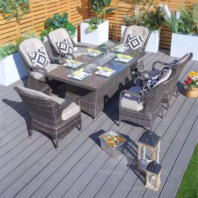 Abrihome 6 Seater Rectangle Gas Fire Pit Table Set with Cushions in Brown